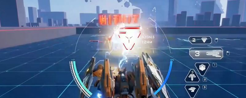 《解限机》飓风机甲战斗画面，能量爆破炮蓄力射击特效炫目，周围敌人被击退