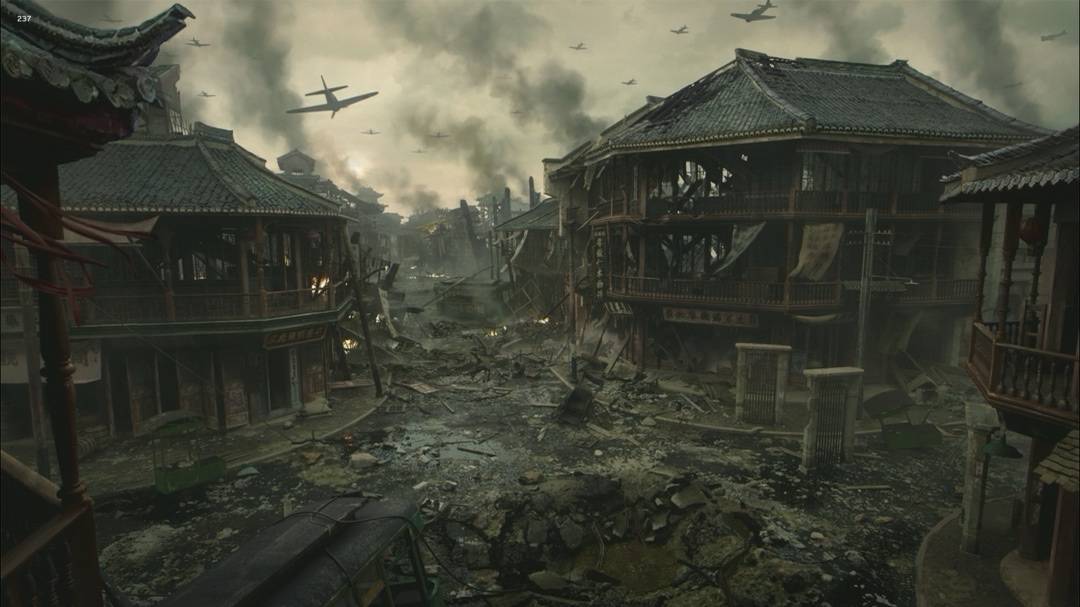 夜战场景，探照灯扫过天空，防空炮火点亮黑暗，战斗激烈