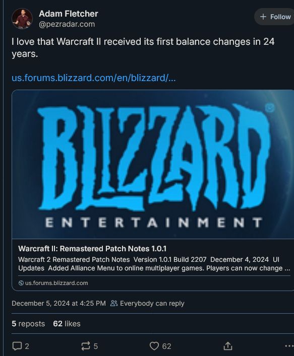 暴雪官方推文截图，宣布《魔兽争霸2》发布24年来首个平衡补丁