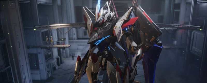 矛隼机甲采用强袭自由高达风格涂装后的3D展示图，机身以蓝红金为主色调，细节分明，充满未来科技感