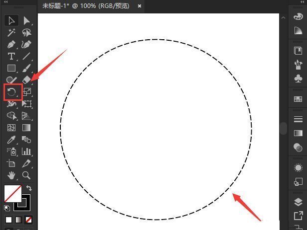 使用椭圆工具绘制圆形，并在描边面板中启用虚线选项的操作界面截图