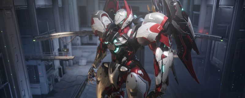 《解限机》飞景机甲红异端高达涂装效果图，机甲主体为茜草红色，搭配金棕色关节与深绿色条纹，整体外观酷炫且富有机械感