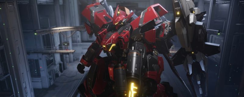 《解限机》阿奎纳机甲沙扎比高达风格涂装效果图，展示红黑主色调搭配灰棕细节的机甲全身视角，光影下金属质感强烈