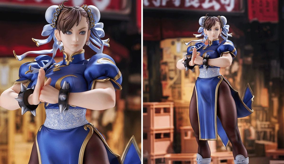 GSC《街头霸王》春丽1/6手办正面展示，身穿经典蓝衣红裤，姿态挺立，神情坚定