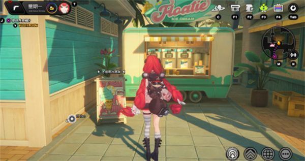 大拇哥冰淇淋摊位实景，色彩鲜艳的招牌下，玩家角色正准备享用甜筒
