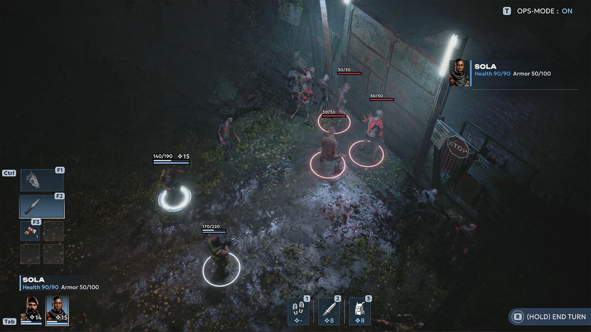 小队在昏暗实验室中探索，墙壁布满实验记录与血迹，灯光闪烁，气氛诡异