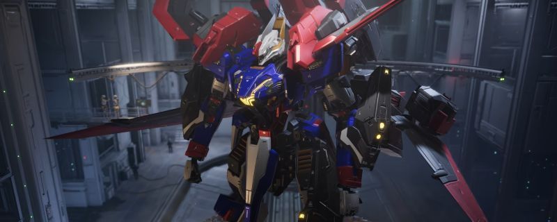 《解限机》中天袭者机甲搭载ZETA高达涂装的效果图，机身以灰黑为主色调，搭配红色点缀，整体风格极具未来感与战斗气息