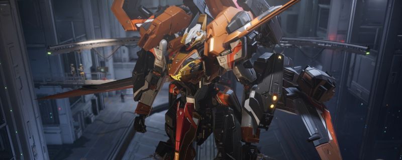 《解限机》天袭者机甲妖天使涂装效果图，整体以黑色与灰色为主调，搭配红色与金色细节，充满未来感与战斗气息