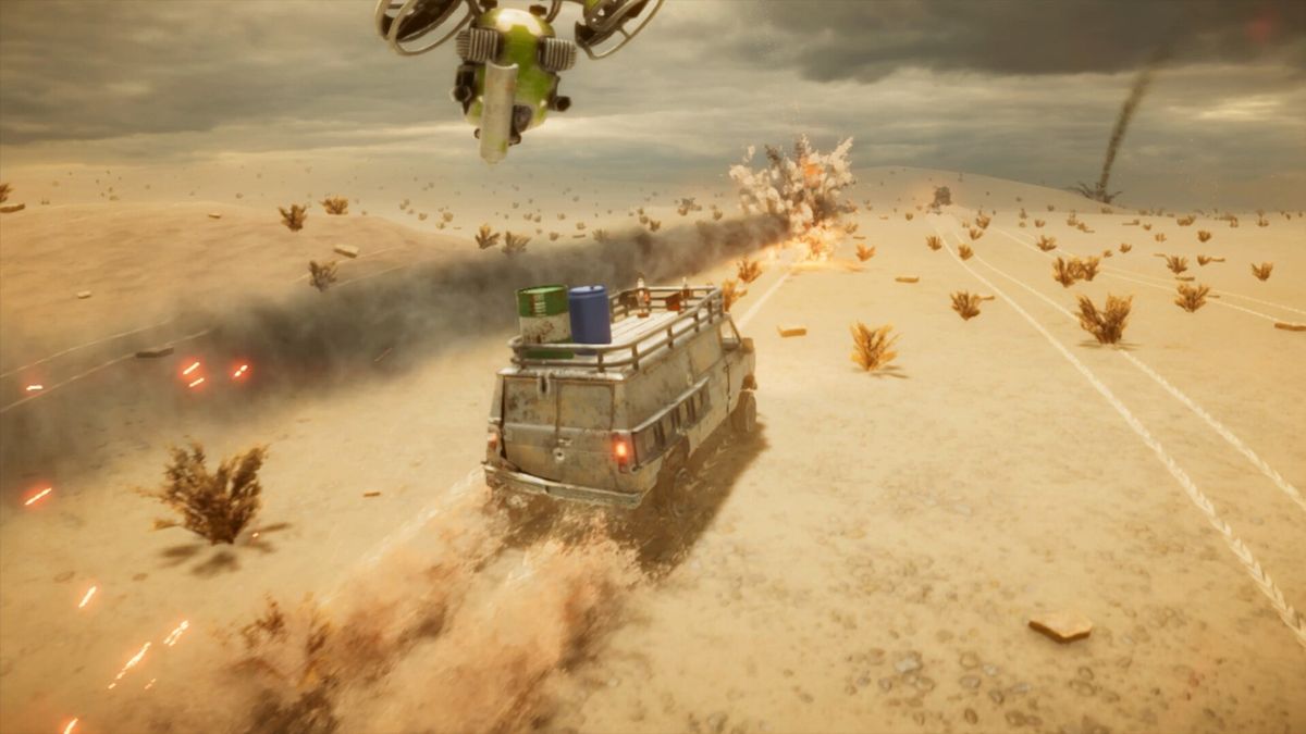 两辆改装战车在空中飞跃并激烈交火，背景是倒塌的高速公路，展现高能战斗场面