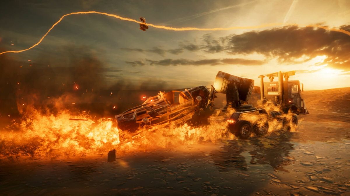 巨型机械首领从沙暴中现身，体型庞大，装备多管火炮，极具压迫感