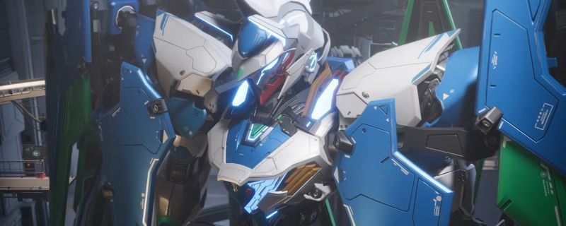 《解限机》中黑豹机甲全刃式00Q涂装效果图，机身以信号黑为主色调，搭配钴蓝与茜草红线条点缀，整体呈现冷峻锋利的战斗风格