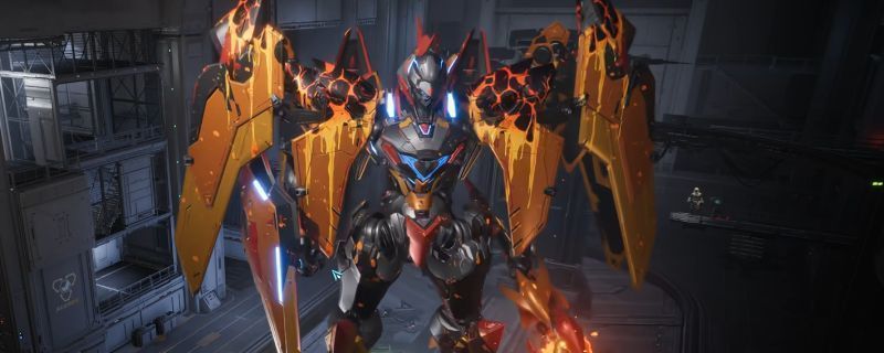 黑豹机甲炽燃涂装效果图，机身以黑灰为底色，红色火焰纹路从肩部延伸至腿部，金属质感强烈