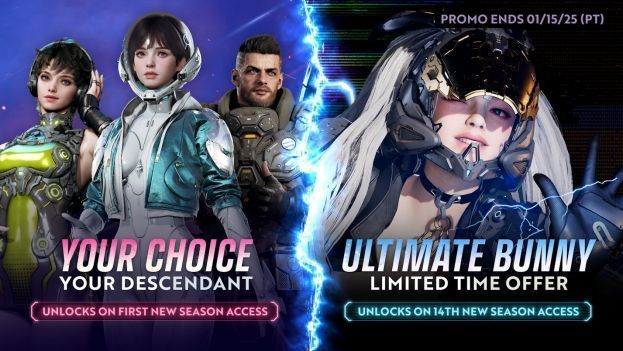 The First Descendant新副本场景截图，昏暗飞船内部充满机械残骸，远处可见巨大装甲Boss站立于平台之上