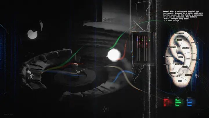 Dark Math Games 工作室LOGO与新项目XXXNightshift概念艺术图，画面呈现暗色调都市夜景，带有强烈叙事与侦探氛围