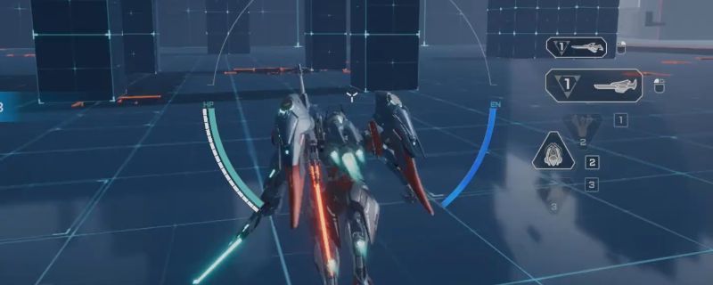 《解限机》中飞景机甲在训练场中展示隐身突袭动作，机体轮廓闪烁蓝光，周围有动态残影特效