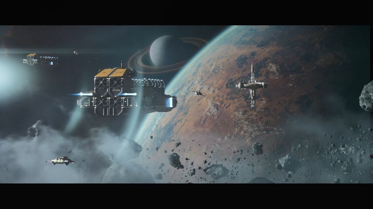 《星际征程》星球表面场景，玩家基地正在自动采集矿物，机械臂与运输车协同作业