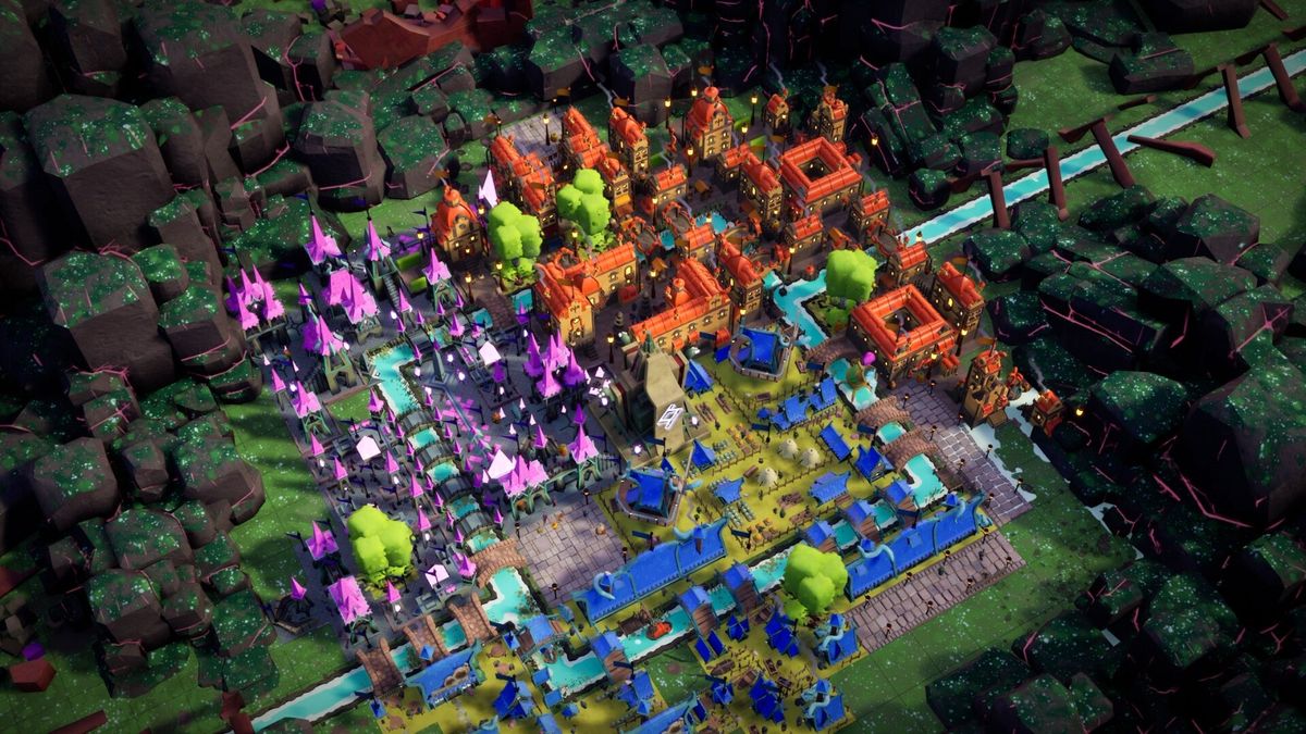 游戏UI界面展示评分系统，显示‘生态恢复’‘建筑密度’‘美观度’等评分维度