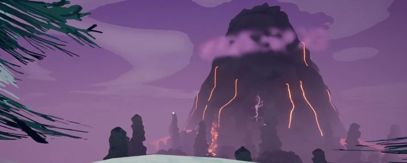 PEAK游戏中火山外围区域实景画面，可见熔岩流淌、烟雾弥漫的地形与玩家角色在岩石间谨慎前行的场景