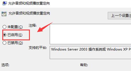 音频重定向策略配置窗口，已启用单选框被勾选