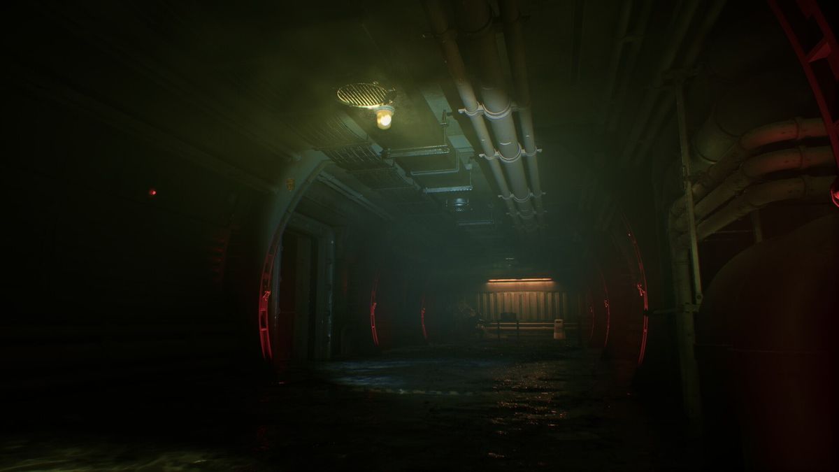 角色与机械臂互动操作控制台，界面显示红色警告信息，背景可见破损的隔离门