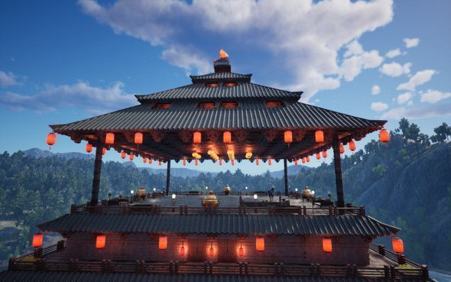 游戏内玩家建造的仿古中式楼阁，细节精致，周围绿树环绕