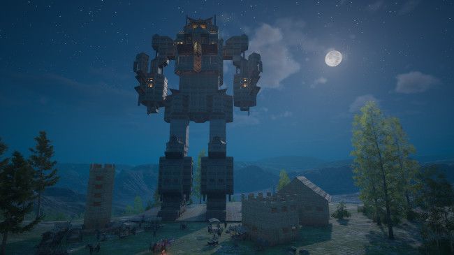 游戏内全景视角下的变形金刚半身像，背景为荒野地貌，视觉冲击强烈