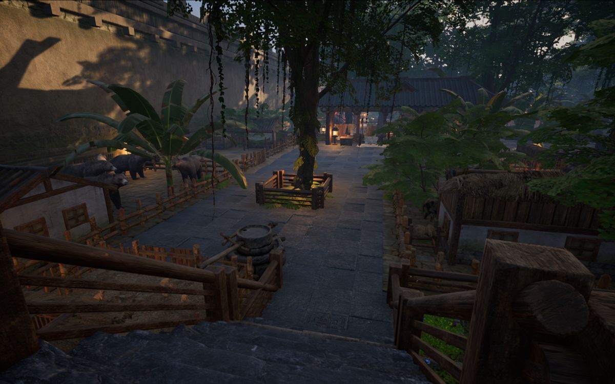 树屋内部视角，设有火盆、储物箱和武器架，功能齐全