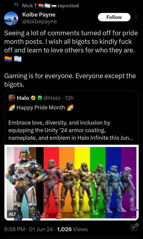 社交媒体截图显示Kolbe Payne评论《光环》多元化争议，使用激烈措辞攻击玩家