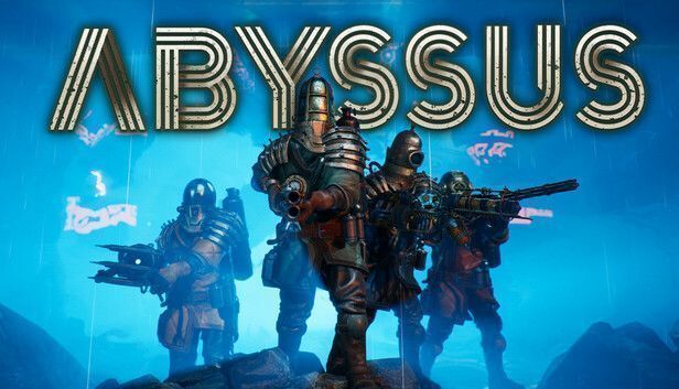 《Abyssus》游戏主视觉图，展现深海遗迹中探险者手持发光武器，面对巨大阴影逼近的紧张场景