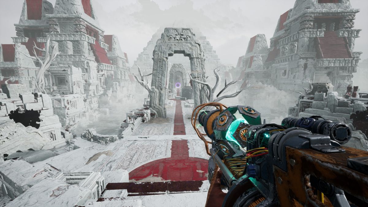 游戏场景截图，展示幽暗海底城市废墟，角色在残破神庙间穿行，周围漂浮着发光水母与机械装置