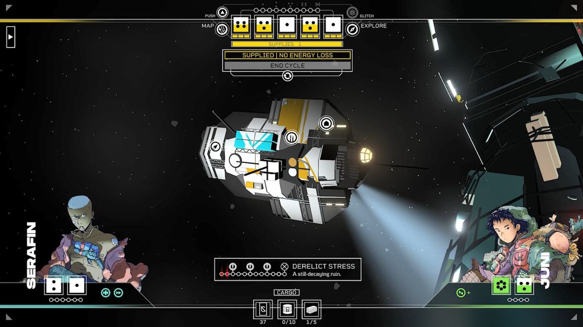 《深空梦里人2》游戏主视觉图，一名机械改造人站在破旧飞船内部，窗外是浩瀚星河