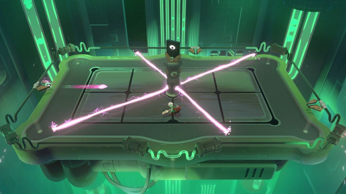 玩家在工作台修理武器，桌上摆放着齿轮、锤子和发光材料，背景为昏黄灯光