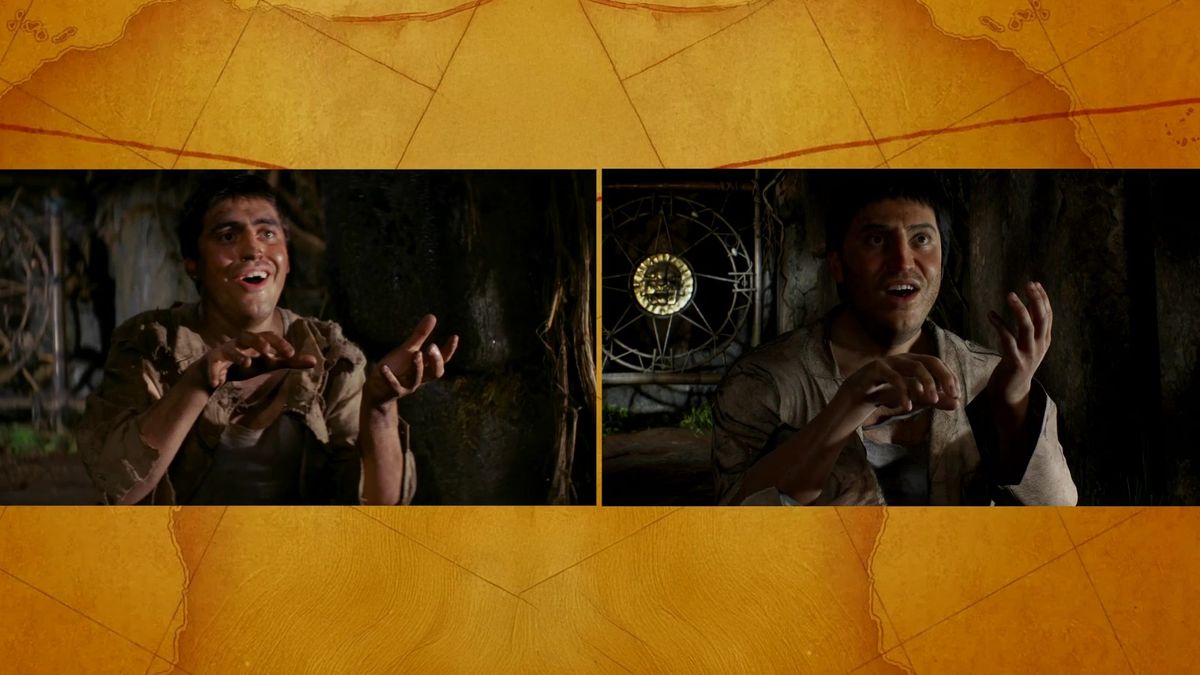 镜头从高处俯拍琼斯在迷宫中穿行，构图与电影一致