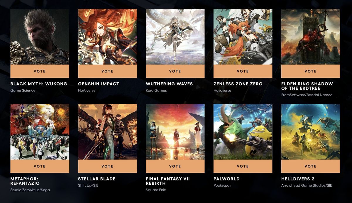 TGA玩家之声第二轮投票名单截图，展示包括《黑神话：悟空》《原神》《艾尔登法环：黄金树幽影》等十款游戏的LOGO排列