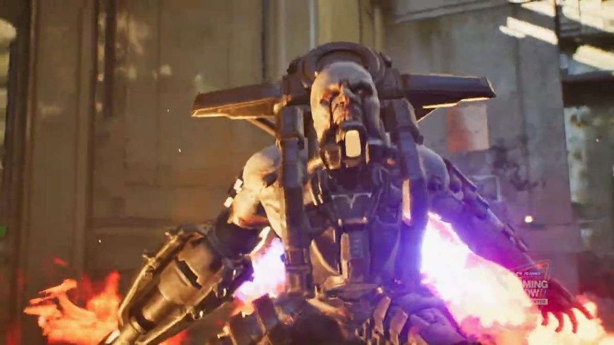 多名Nightfall队员在昏暗工厂内围剿巨型Zeds，激光武器与爆炸特效交织，战斗紧张激烈