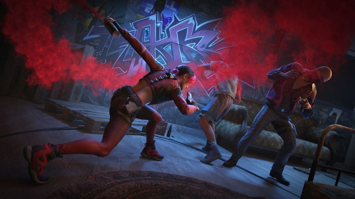 主角赤线在废弃城市中跃起射击，身后爆炸火光四溅，充满电影感