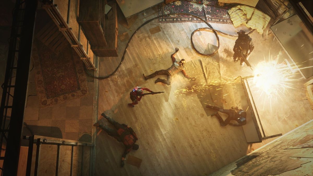 主角与机械守卫激烈近战，拳脚与枪火交织，动作细节极为丰富