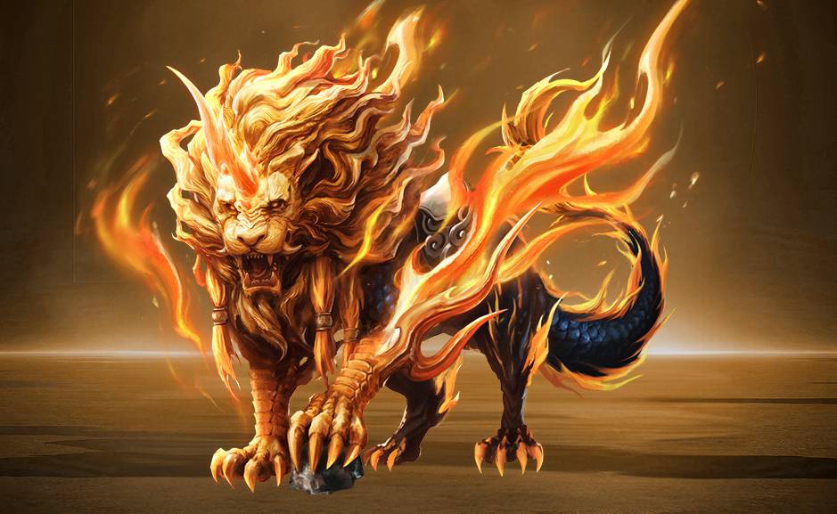 灵瞳金猊坐骑展示图，通体金光闪耀，双眼散发蓝色光芒，踏云而行，周身环绕祥瑞之气