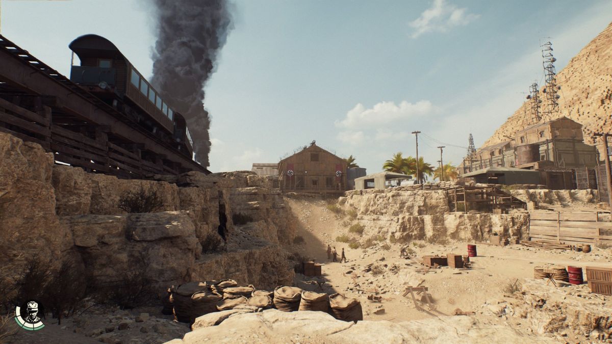 印第安纳·琼斯与敌对势力在古墓入口展开枪战，火花四溅，战斗氛围激烈