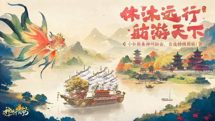 《神州千食舫》休沐远游活动宣传图，画面中古风船只穿梭于秋日山水之间，灯笼高挂，氛围温馨