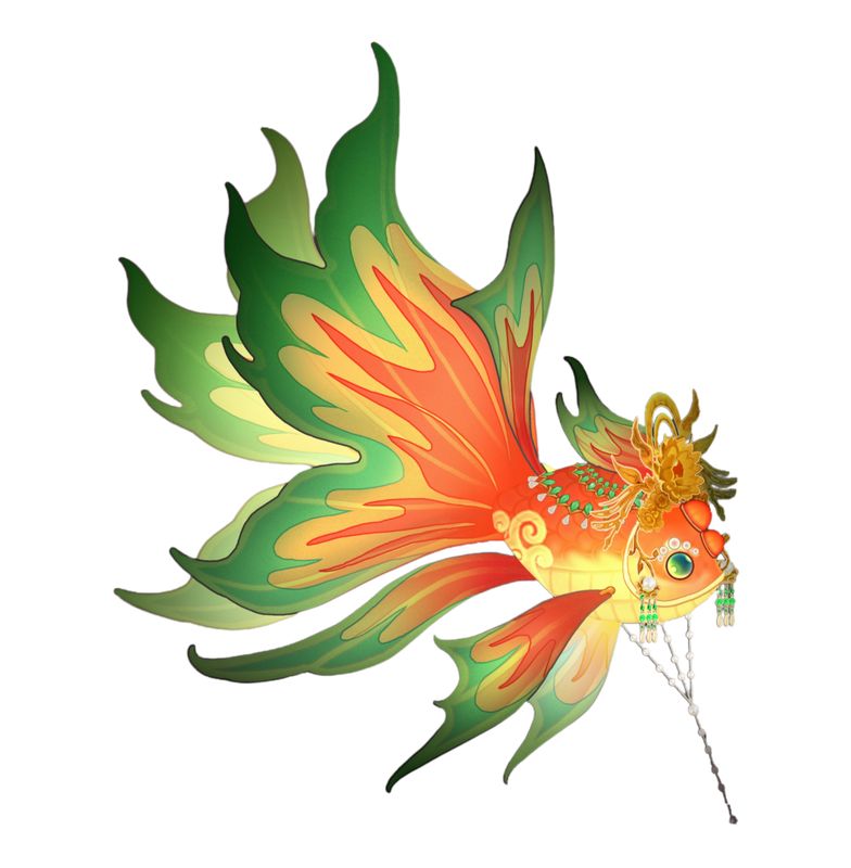 涟池鱼灯古玩展示图，暖黄色灯光映照水面，鱼形灯笼漂浮小池中央，意境唯美