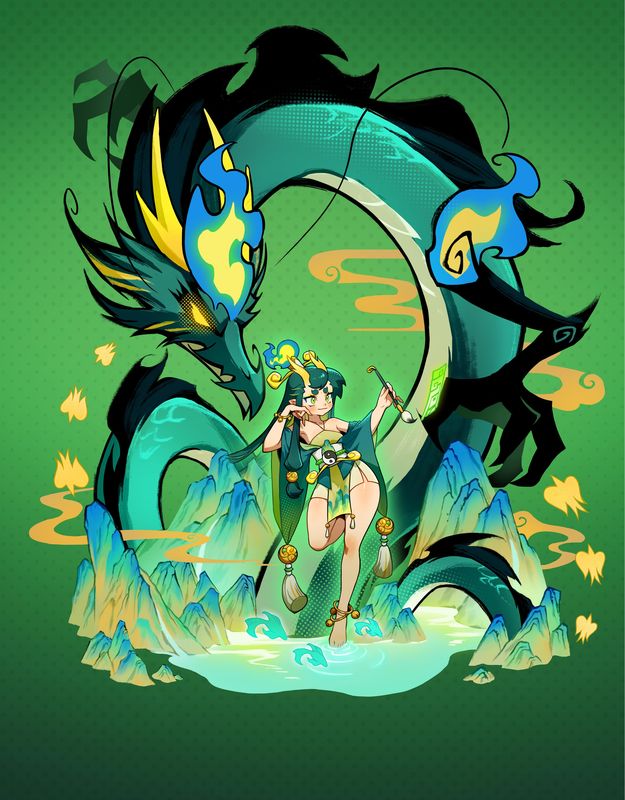 玩家操控飞龙穿梭于翠绿竹林之间，周围漂浮着发光的符文与小妖怪，画面充满东方幻想色彩