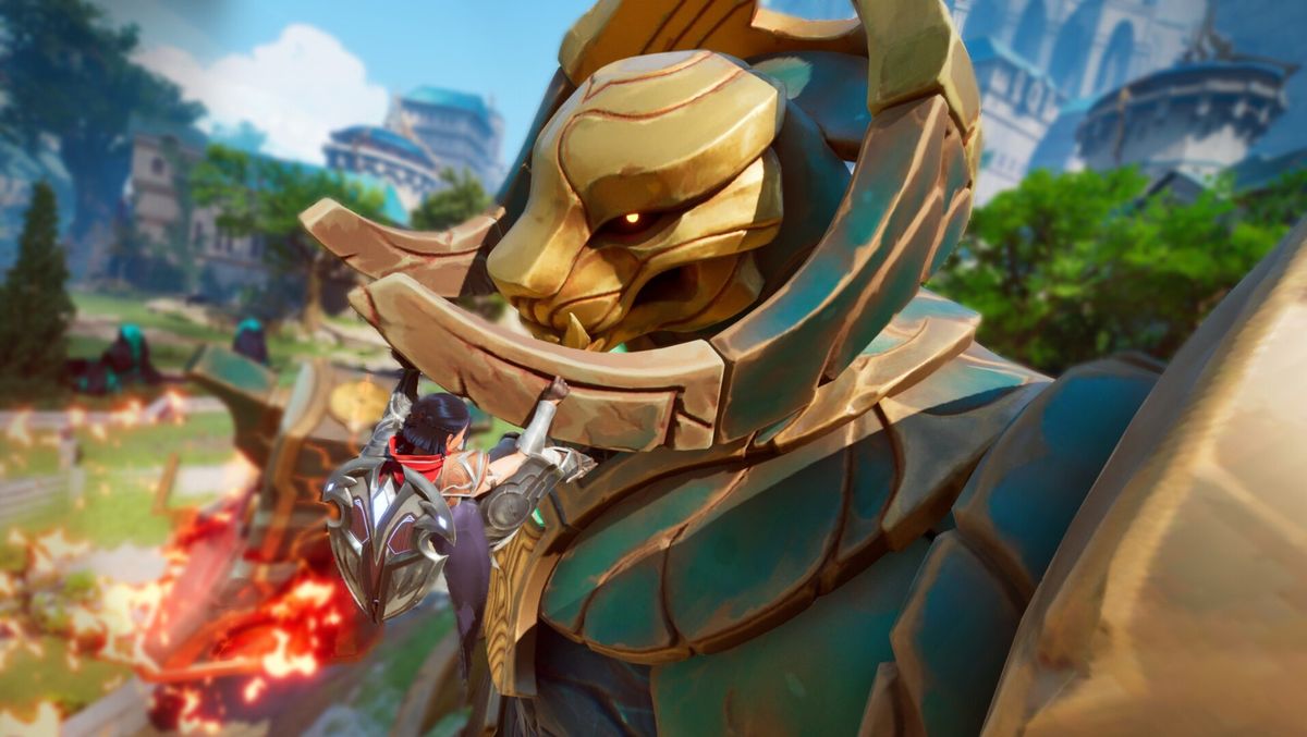 布琳在冰雪洞穴中与披甲巨狼对峙，魔法光效环绕双手