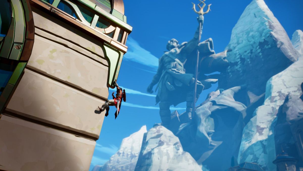 战斗场景中布琳挥舞能量长鞭击退多名机械敌人，背景是崩塌的神庙