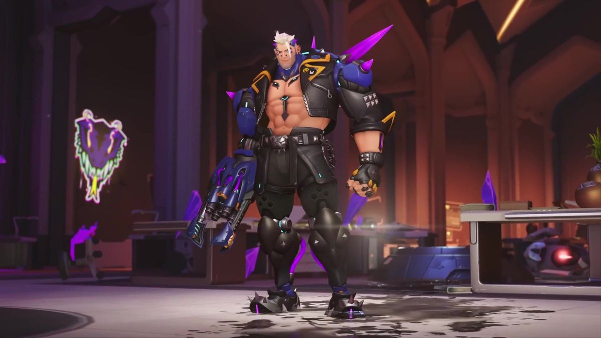 新英雄哈扎德跃向敌人，周身环绕能量护盾，地面出现裂痕特效