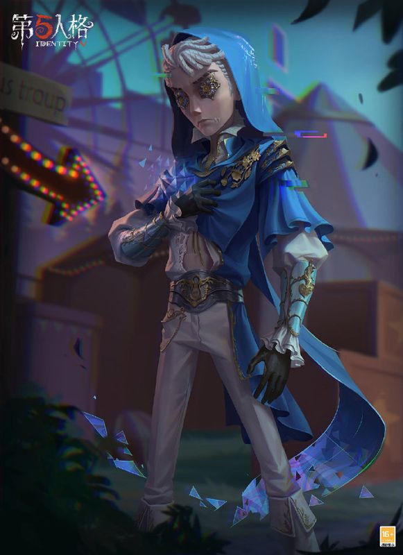 佣兵-弦音畸变身披蓝银色披风，身体呈现数字化栅格效果，充满科幻感