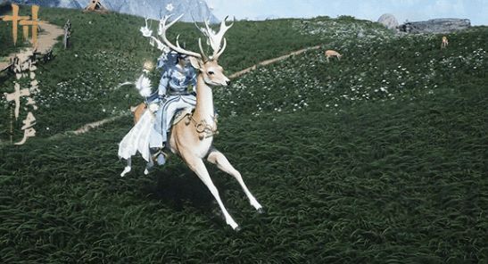 《燕云十六声》中玩家与琼林客互动画面，角色与灵鹿额头轻触，周围飘落花瓣，氛围温馨治愈