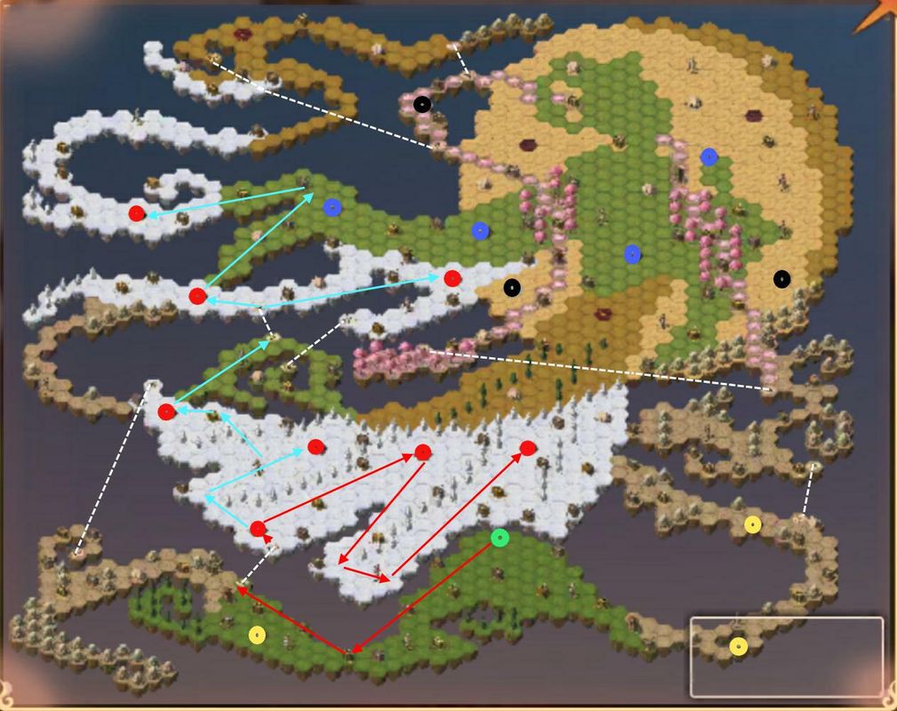 第一阶段路线图，标注了三支小队从起点出发，向八个远征徽章点位推进的推荐路径