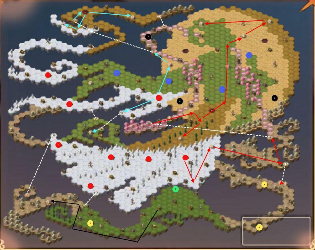 第二阶段路线图，展示集齐徽章后三支小队分头抢占远征营地的最优路径