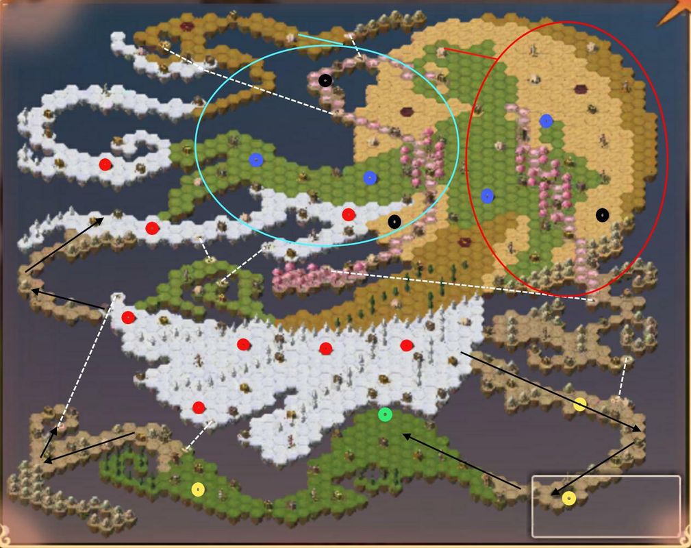 第三阶段高级地块探索路线，标注了远征首领、试炼场、瞭望塔等高价值目标位置